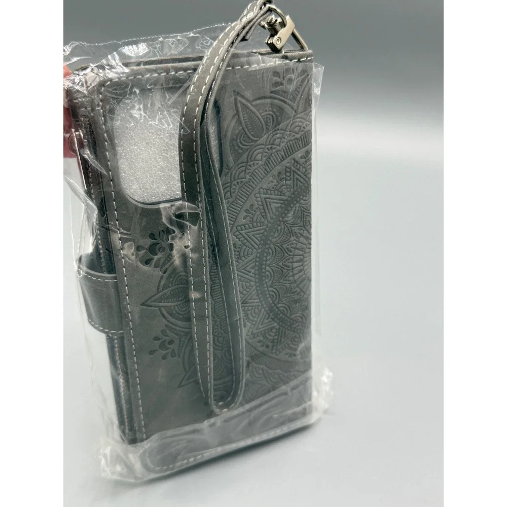 Grey Mandala Embossed Wallet Case‎ for iPhone 13 Pro Max with Zipper & Wristlet